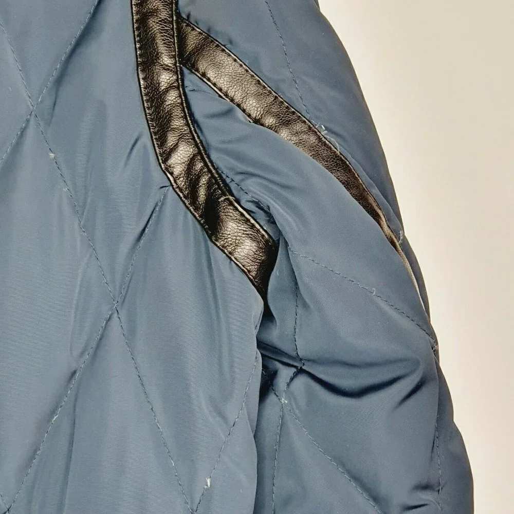 Michael Kors Navy‎ Blue Faux Leather Trim Down Filled Full Zip Puffer Jacket S
